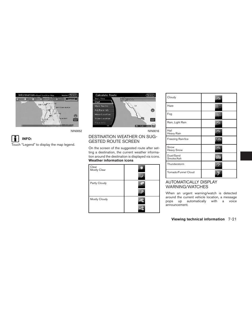 Destination weather on sug- gested route screen, Automatically display warning/watches | NISSAN 2012 Altima Sedan - Navigation System Owner's Manual User Manual | Page 207 / 313