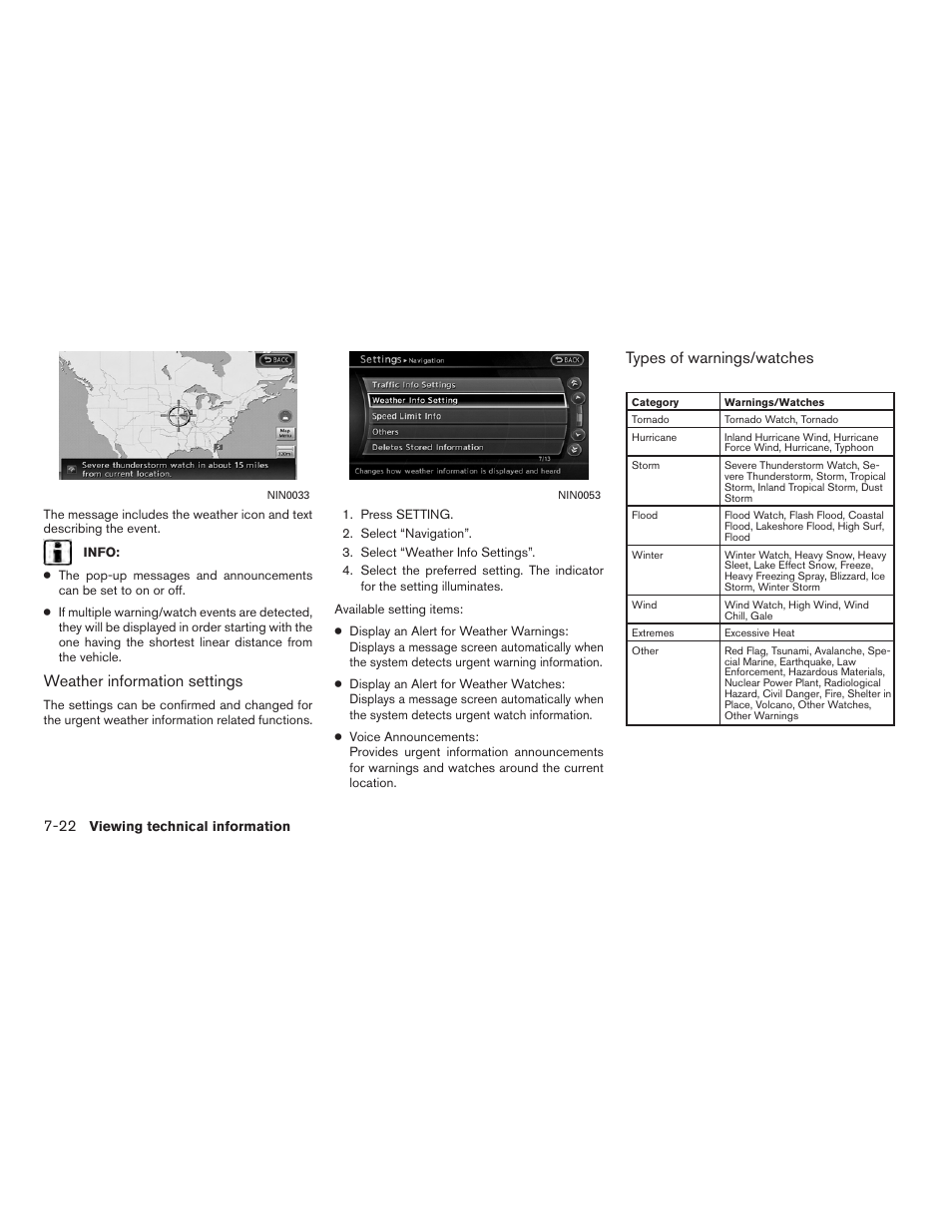 Weather information settings, Types of warnings/watches | NISSAN 2012 Altima Sedan - Navigation System Owner's Manual User Manual | Page 208 / 313