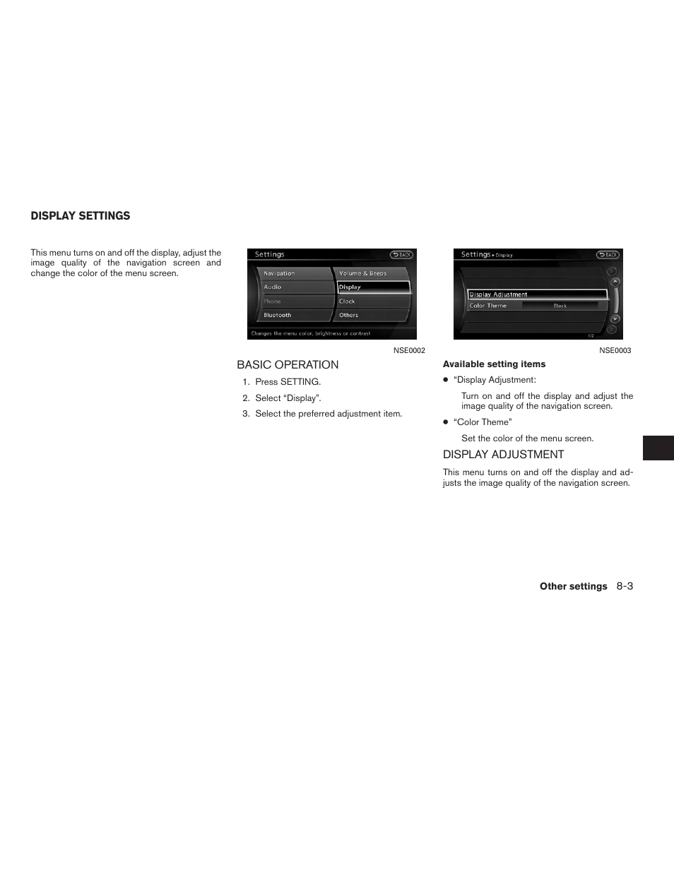 Display settings -3, Basic operation -3 display adjustment -3 | NISSAN 2012 Altima Sedan - Navigation System Owner's Manual User Manual | Page 215 / 313