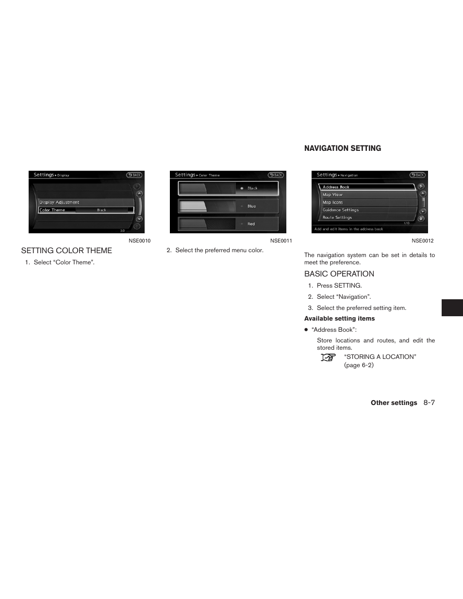 Setting color theme -7, Navigation setting -7, Basic operation -7 | NISSAN 2012 Altima Sedan - Navigation System Owner's Manual User Manual | Page 219 / 313