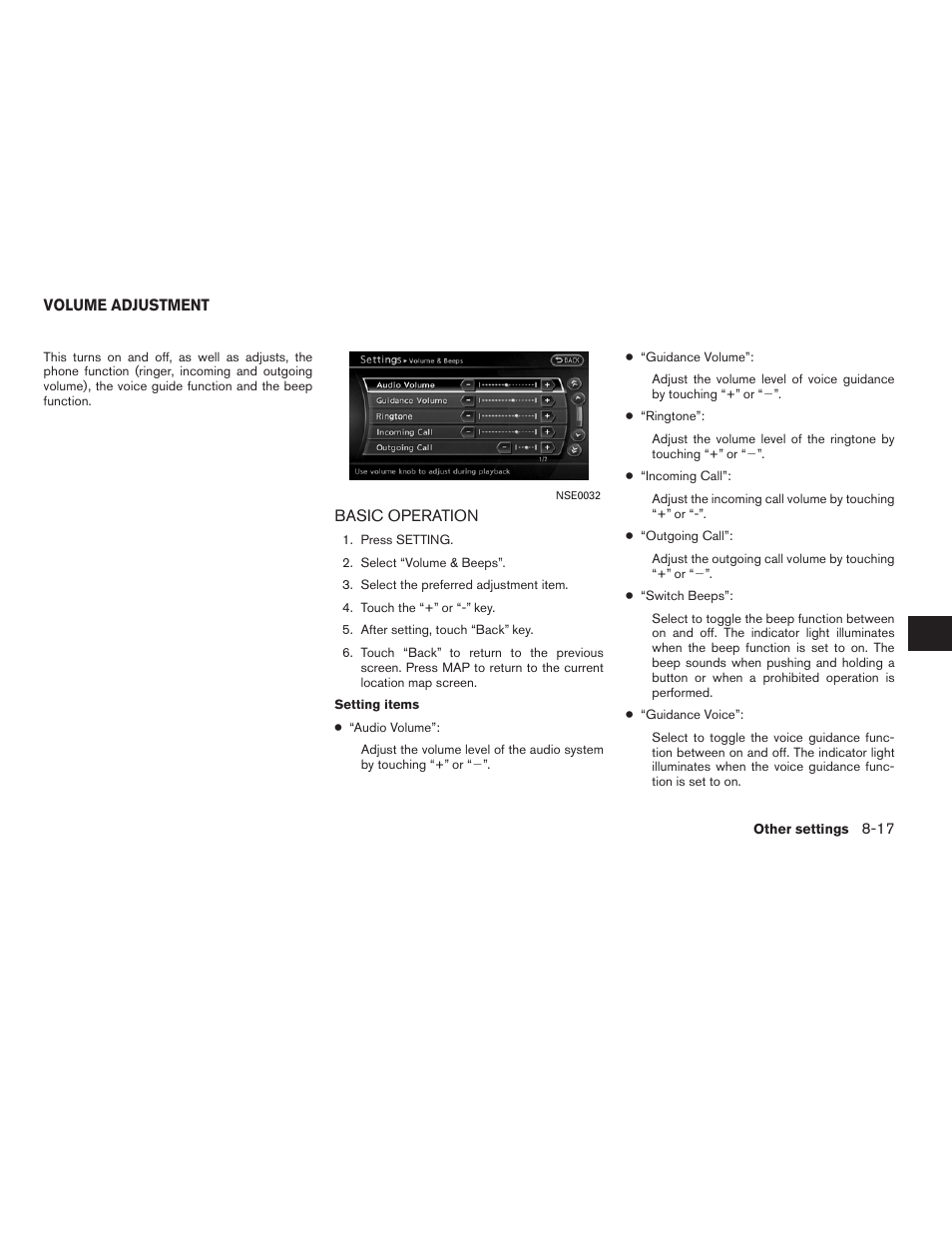 Volume adjustment -17, Basic operation -17 | NISSAN 2012 Altima Sedan - Navigation System Owner's Manual User Manual | Page 229 / 313