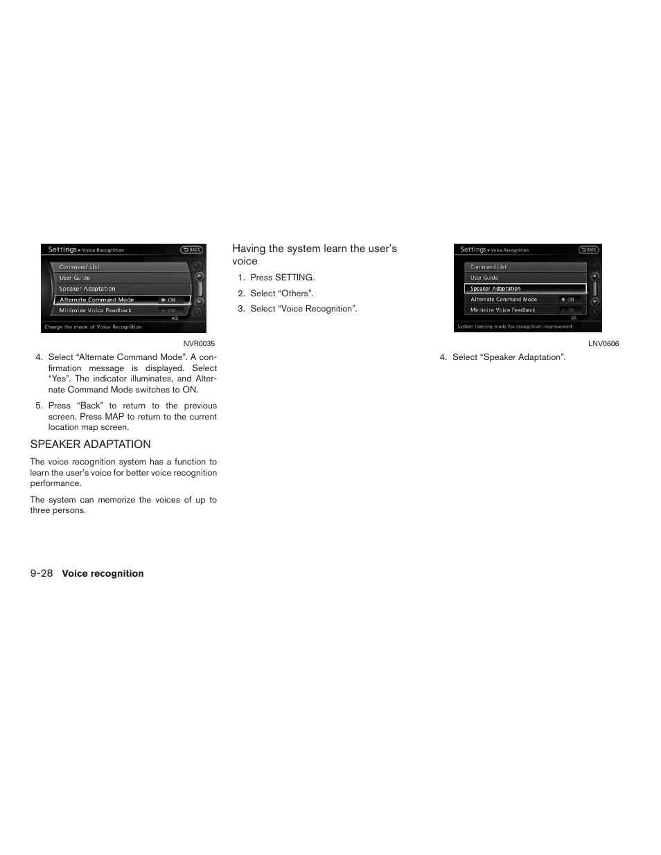 Speaker adaptation -28 | NISSAN 2012 Altima Sedan - Navigation System Owner's Manual User Manual | Page 262 / 313