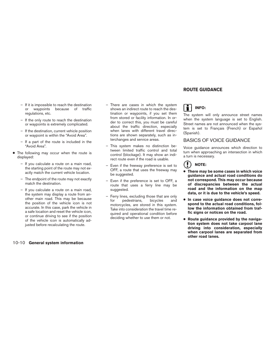 Route guidance -10, Basics of voice guidance -10 | NISSAN 2012 Altima Sedan - Navigation System Owner's Manual User Manual | Page 282 / 313