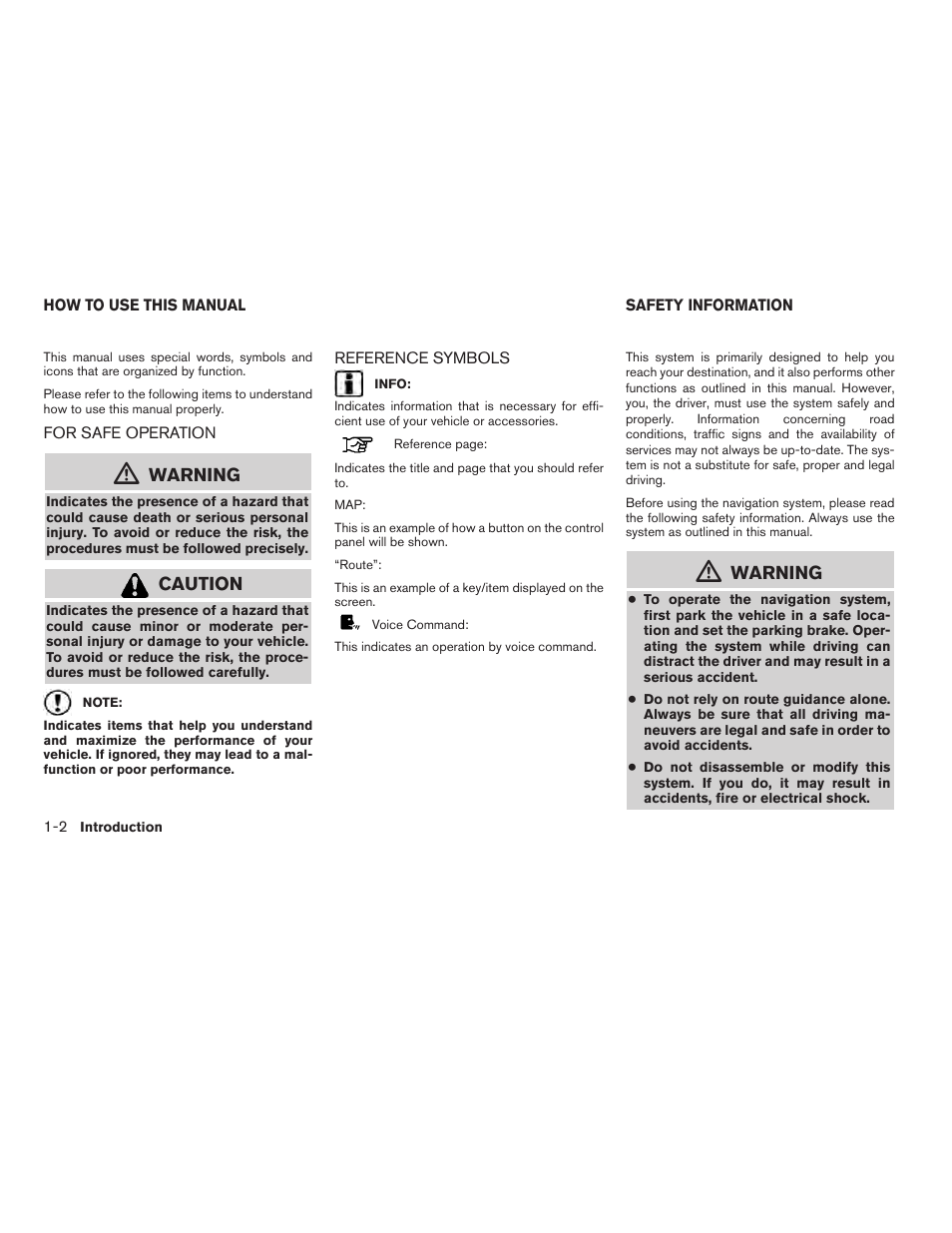 How to use this manual -2, For safe operation -2 reference symbols -2, Safety information -2 | Warning, Caution | NISSAN 2012 Altima Sedan - Navigation System Owner's Manual User Manual | Page 6 / 313