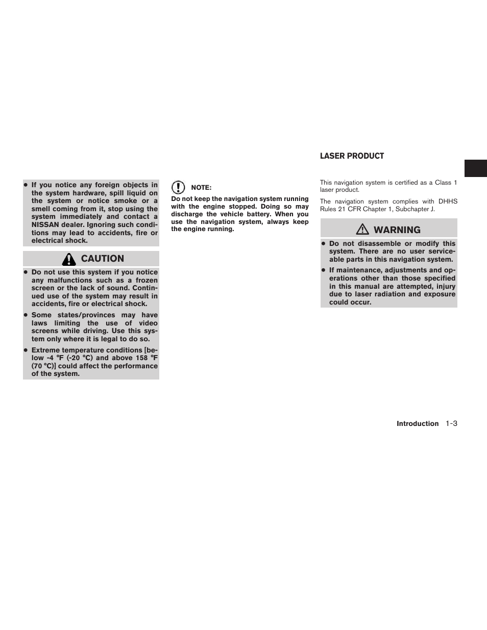 Laser product -3, Caution, Warning | NISSAN 2012 Altima Sedan - Navigation System Owner's Manual User Manual | Page 7 / 313