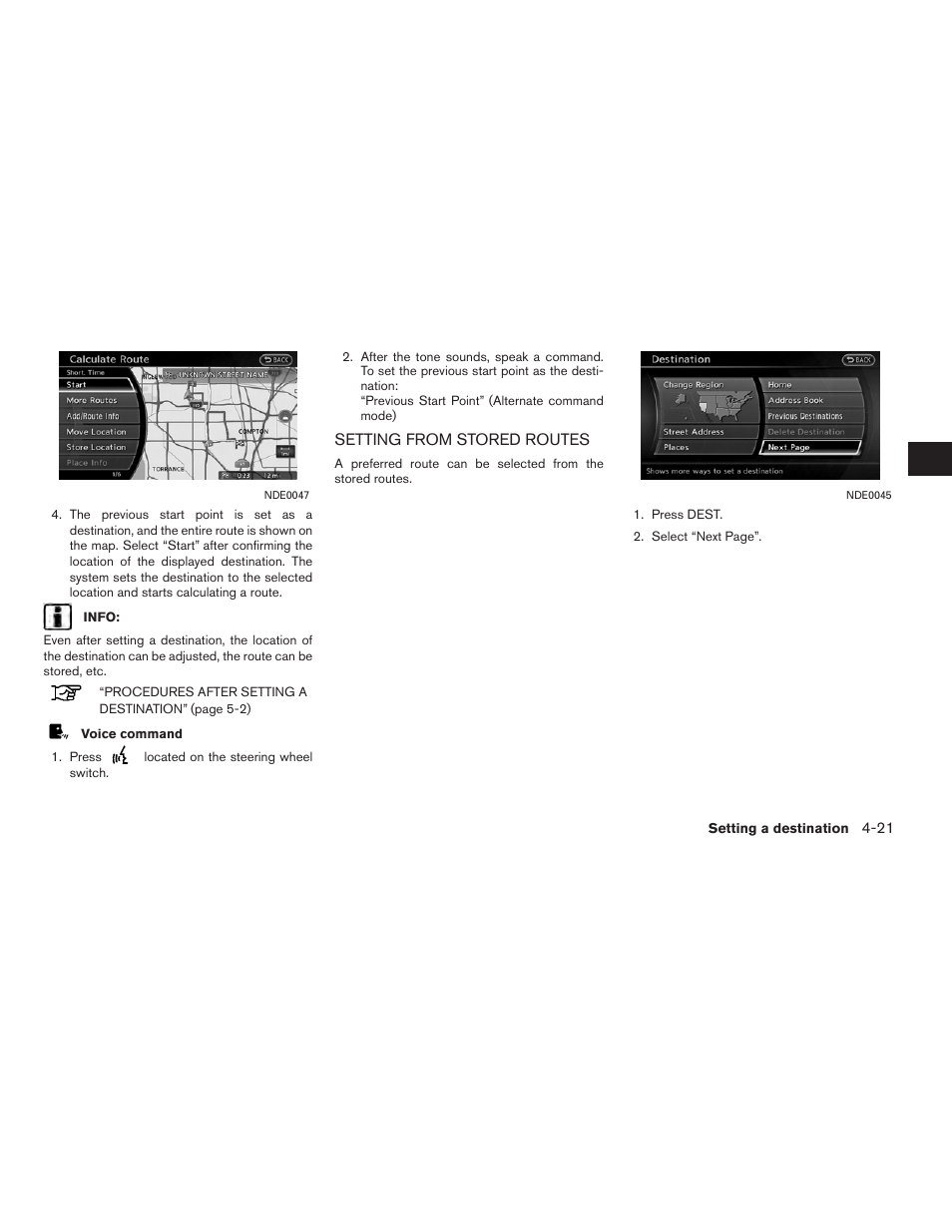 Setting from stored routes -21 | NISSAN 2012 Altima Sedan - Navigation System Owner's Manual User Manual | Page 95 / 313