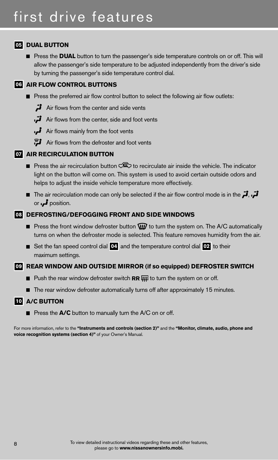 First drive features | NISSAN 2012 Altima Sedan - Quick Reference Guide User Manual | Page 10 / 20