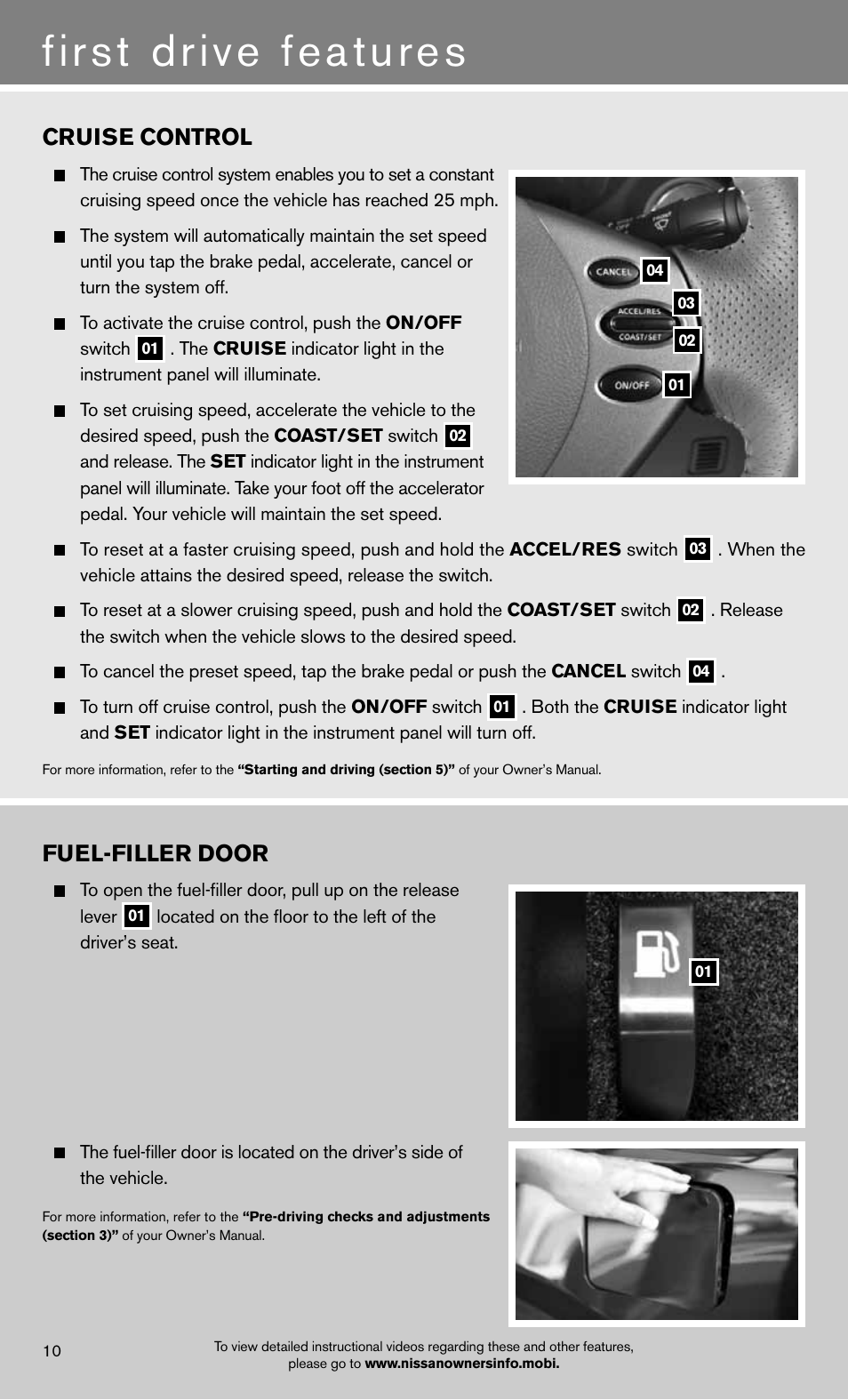 First drive features, Fuel-filler door, Cruise control | NISSAN 2012 Altima Sedan - Quick Reference Guide User Manual | Page 12 / 20