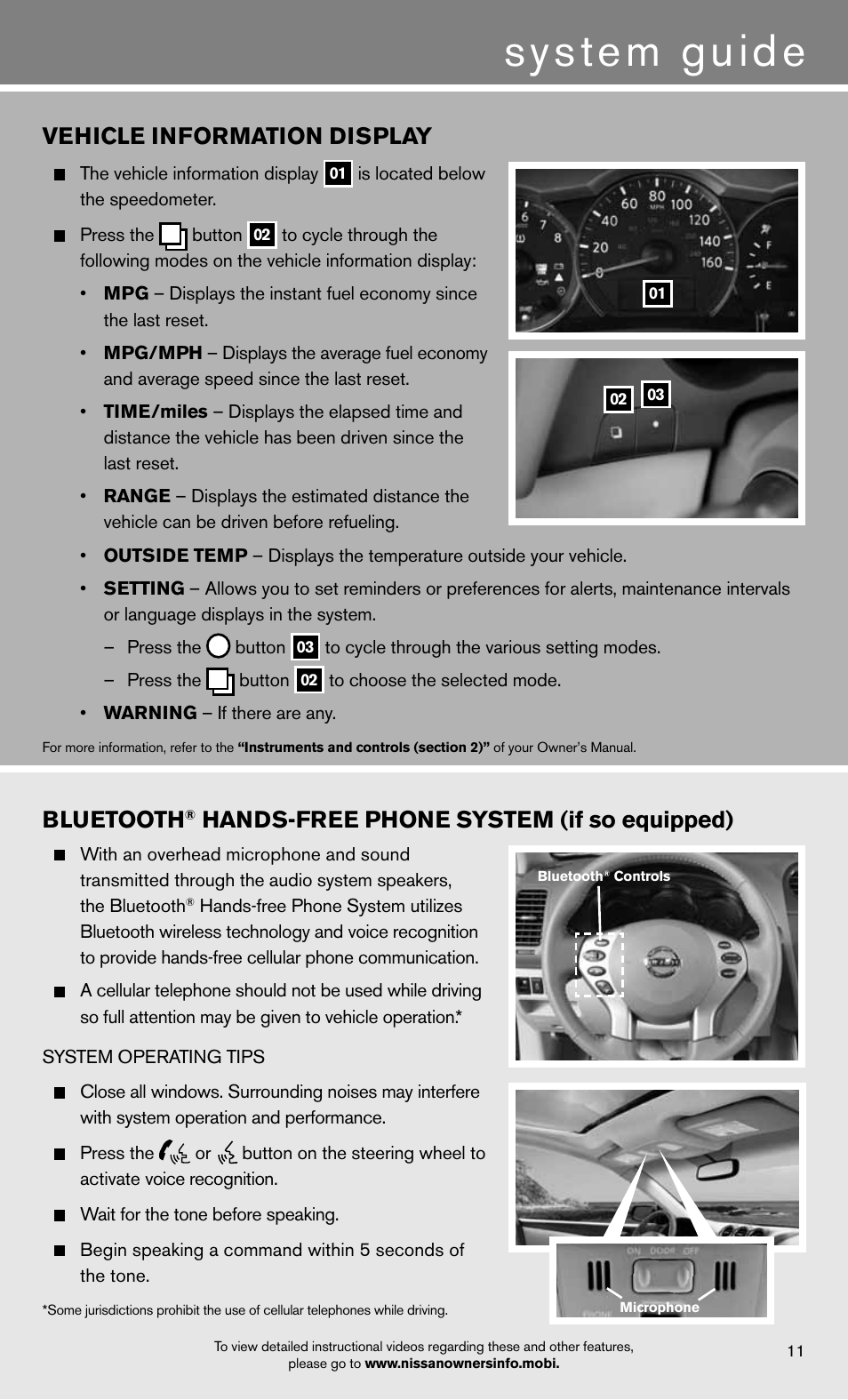 System guide, Bluetooth, Hands-free phone system (if so equipped) | Vehicle information display | NISSAN 2012 Altima Sedan - Quick Reference Guide User Manual | Page 13 / 20