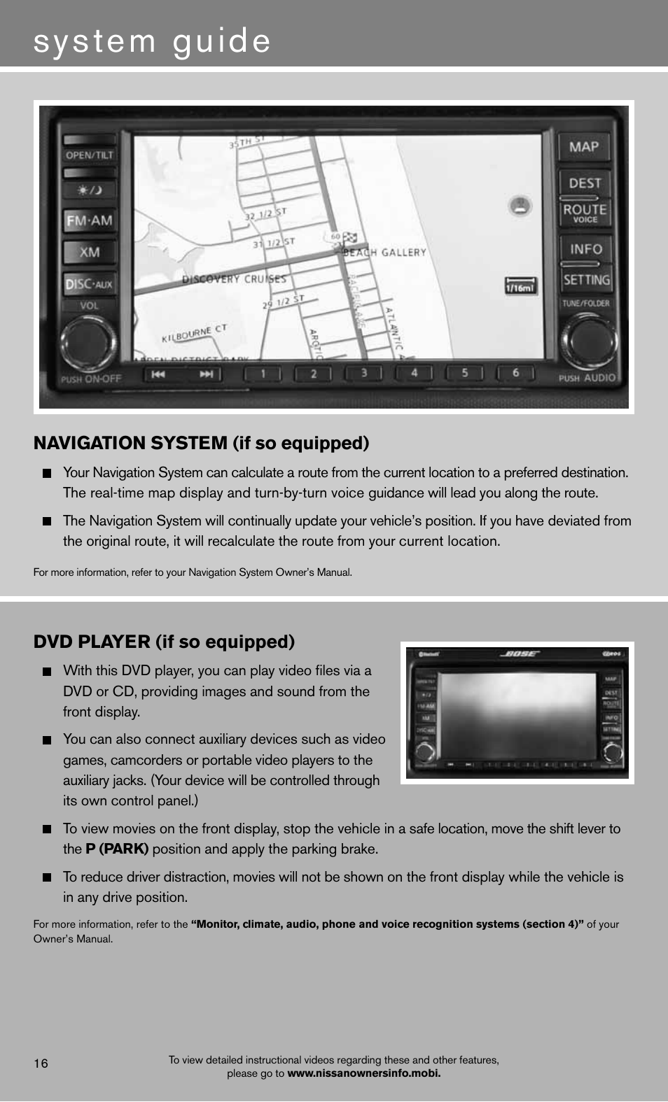 System guide, Navigation system (if so equipped), Dvd player (if so equipped) | NISSAN 2012 Altima Sedan - Quick Reference Guide User Manual | Page 18 / 20