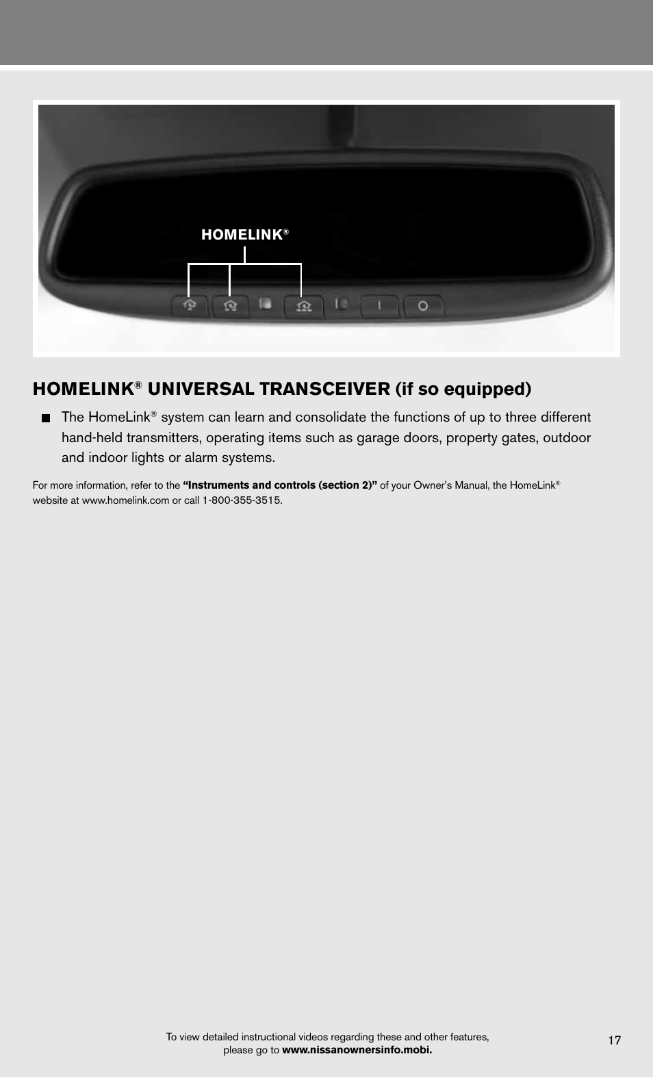 Homelink, Universal transceiver (if so equipped), The homelink | NISSAN 2012 Altima Sedan - Quick Reference Guide User Manual | Page 19 / 20