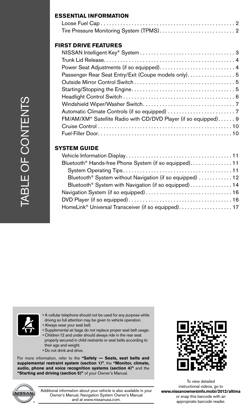 NISSAN 2012 Altima Sedan - Quick Reference Guide User Manual | Page 3 / 20