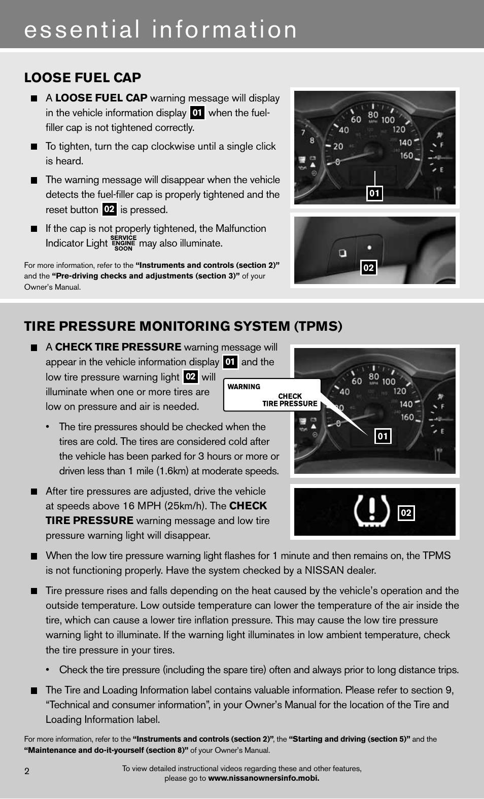 Essential information, Loose fuel cap, Tire pressure monitoring system (tpms) | NISSAN 2012 Altima Sedan - Quick Reference Guide User Manual | Page 4 / 20