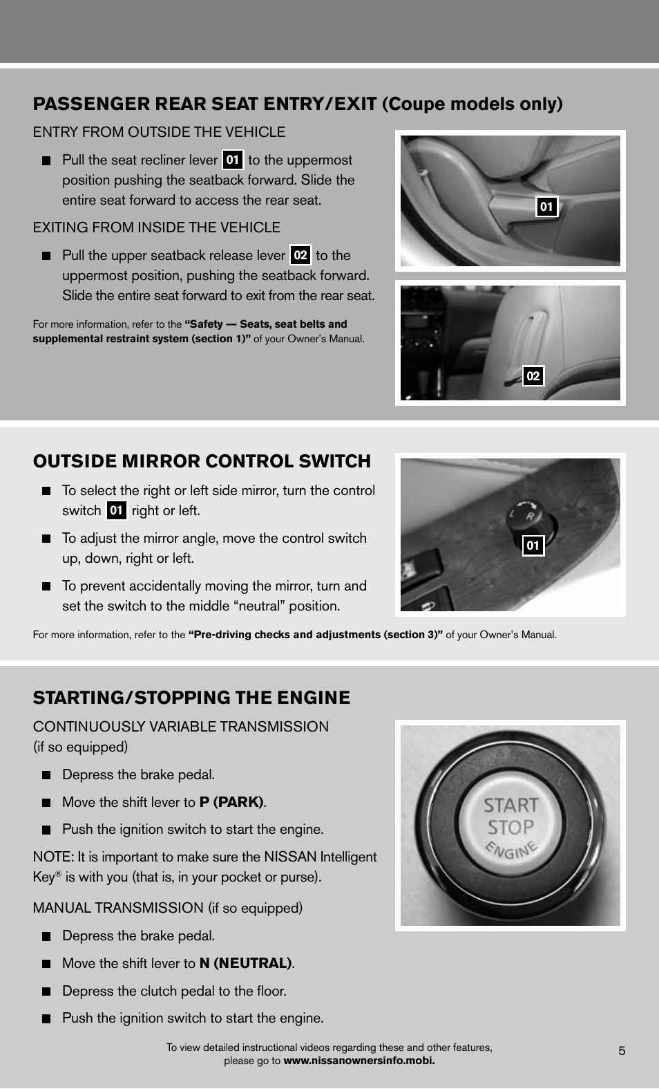 Outside mirror control switch, Passenger rear seat entry/exit (coupe models only), Starting/stopping the engine | NISSAN 2012 Altima Sedan - Quick Reference Guide User Manual | Page 7 / 20