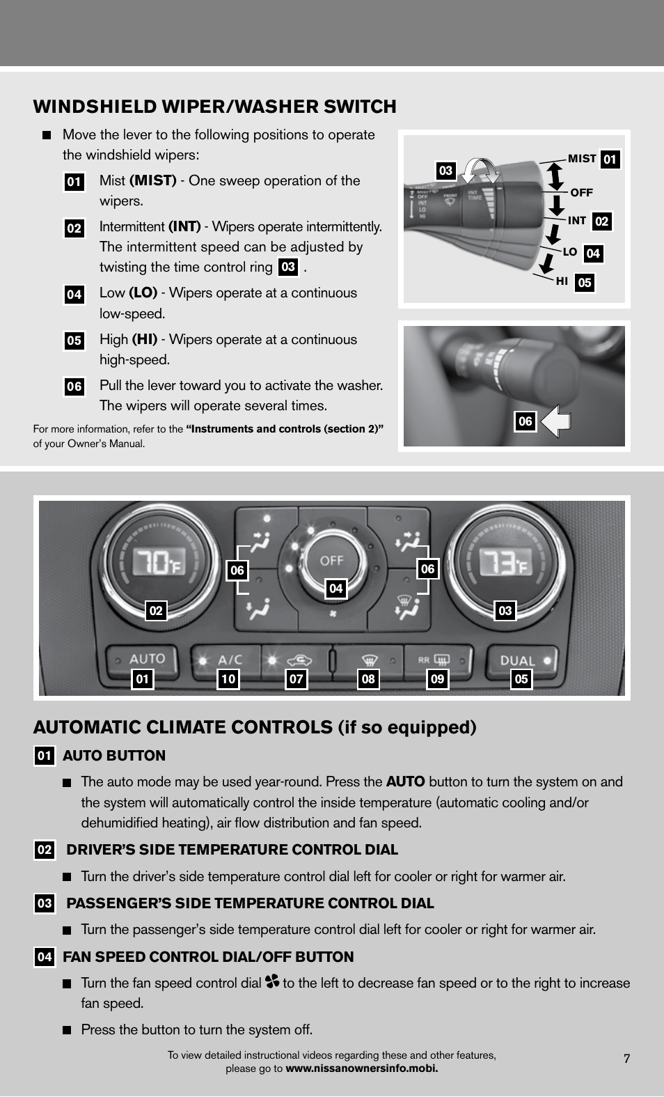 Automatic climate controls (if so equipped), Windshield wiper/washer switch | NISSAN 2012 Altima Sedan - Quick Reference Guide User Manual | Page 9 / 20