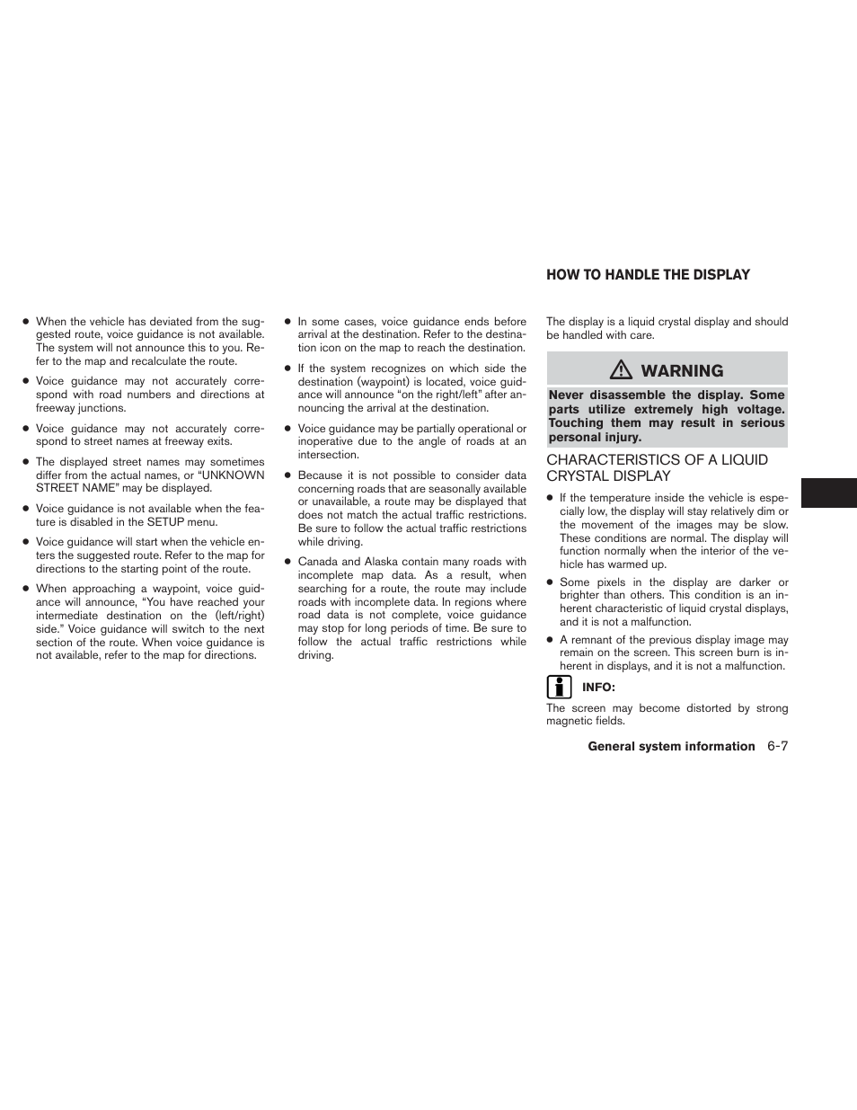 How to handle the display -7, Characteristics of a liquid crystal display -7, Warning | NISSAN 2013 Titan - Navigation System Owner's Manual User Manual | Page 95 / 104