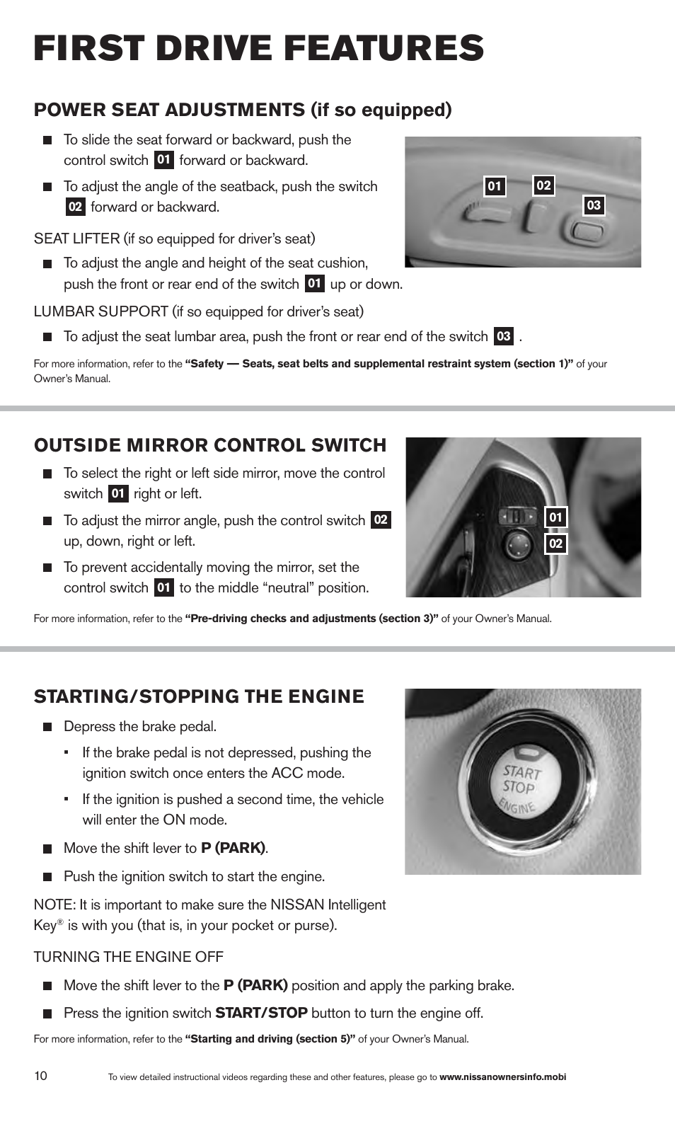 First drive features, Power seat adjustments (if so equipped), Outside mirror control switch | Starting/stopping the engine | NISSAN 2013 Altima Sedan - Quick Reference Guide User Manual | Page 12 / 28