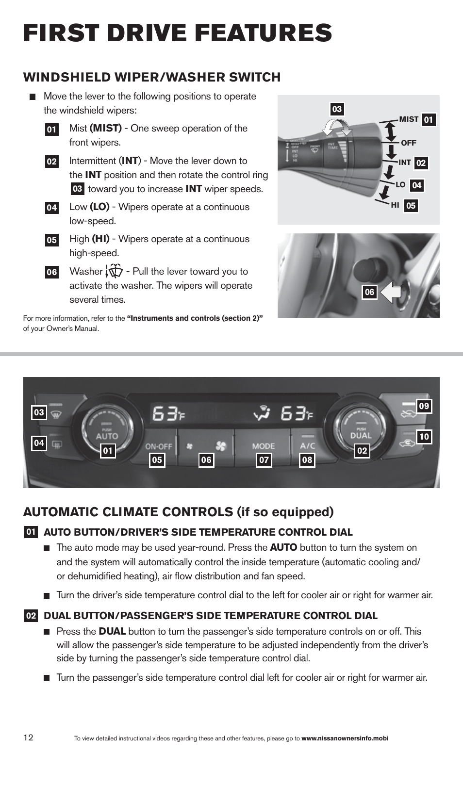 First drive features, Windshield wiper/washer switch, Automatic climate controls (if so equipped) | NISSAN 2013 Altima Sedan - Quick Reference Guide User Manual | Page 14 / 28
