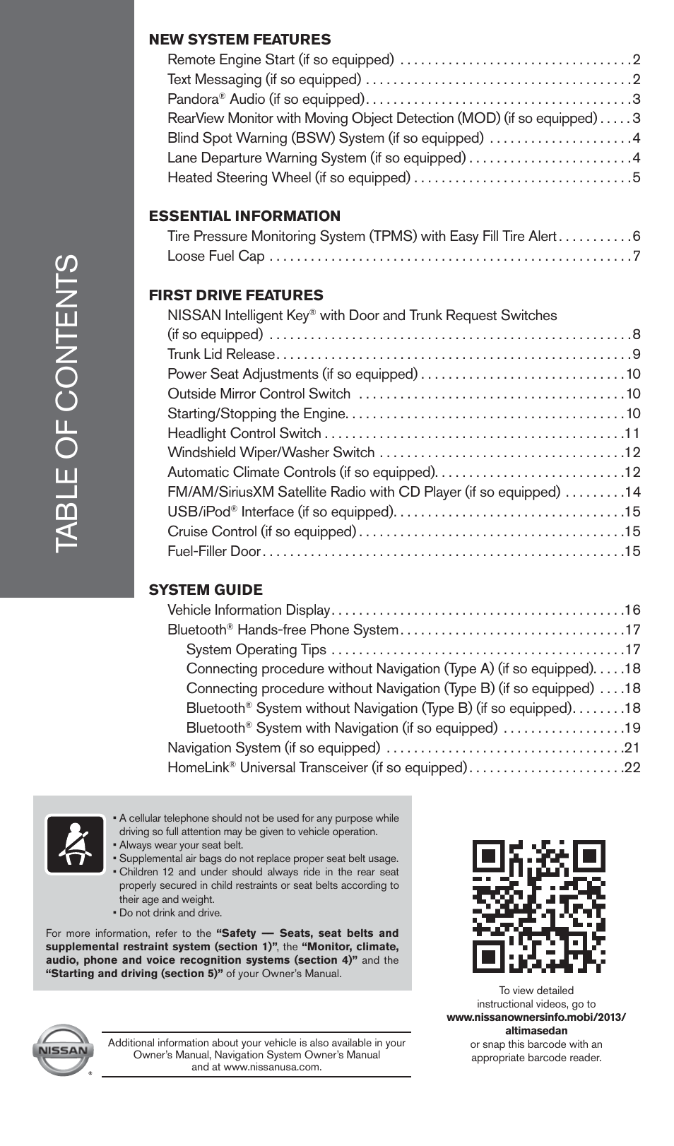 NISSAN 2013 Altima Sedan - Quick Reference Guide User Manual | Page 3 / 28