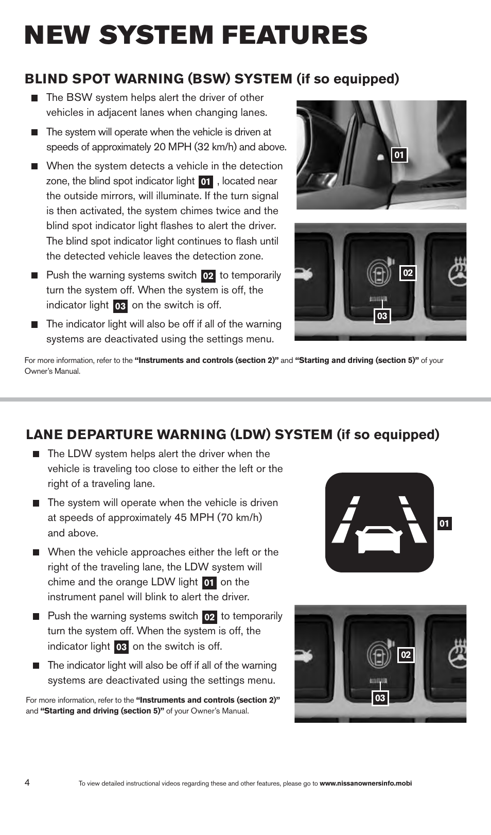 New system features, Blind spot warning (bsw) system (if so equipped) | NISSAN 2013 Altima Sedan - Quick Reference Guide User Manual | Page 6 / 28