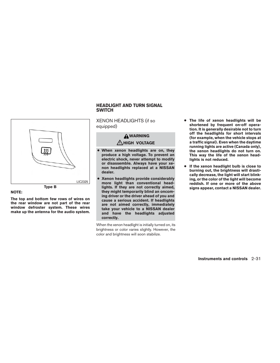 Headlight and turn signal switch -31, Xenon headlights (if so equipped) -31 | NISSAN 2014 Altima Sedan - Owner's Manual User Manual | Page 108 / 428