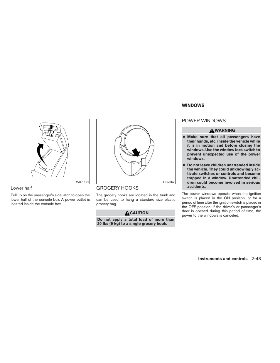 Grocery hooks -43, Windows -43, Power windows -43 | NISSAN 2014 Altima Sedan - Owner's Manual User Manual | Page 120 / 428