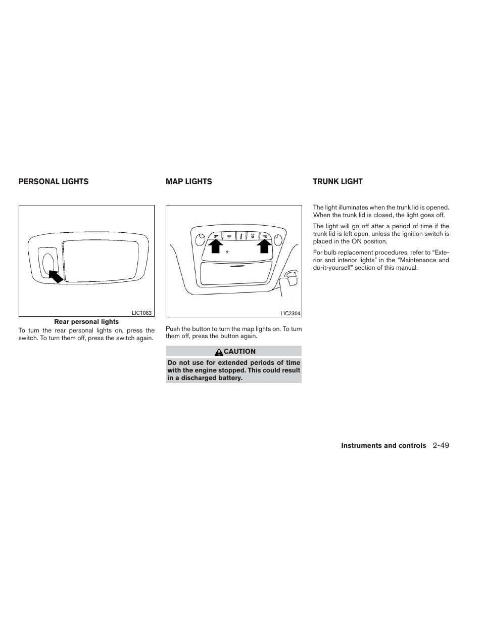 Personal lights -49 map lights -49 trunk light -49 | NISSAN 2014 Altima Sedan - Owner's Manual User Manual | Page 126 / 428