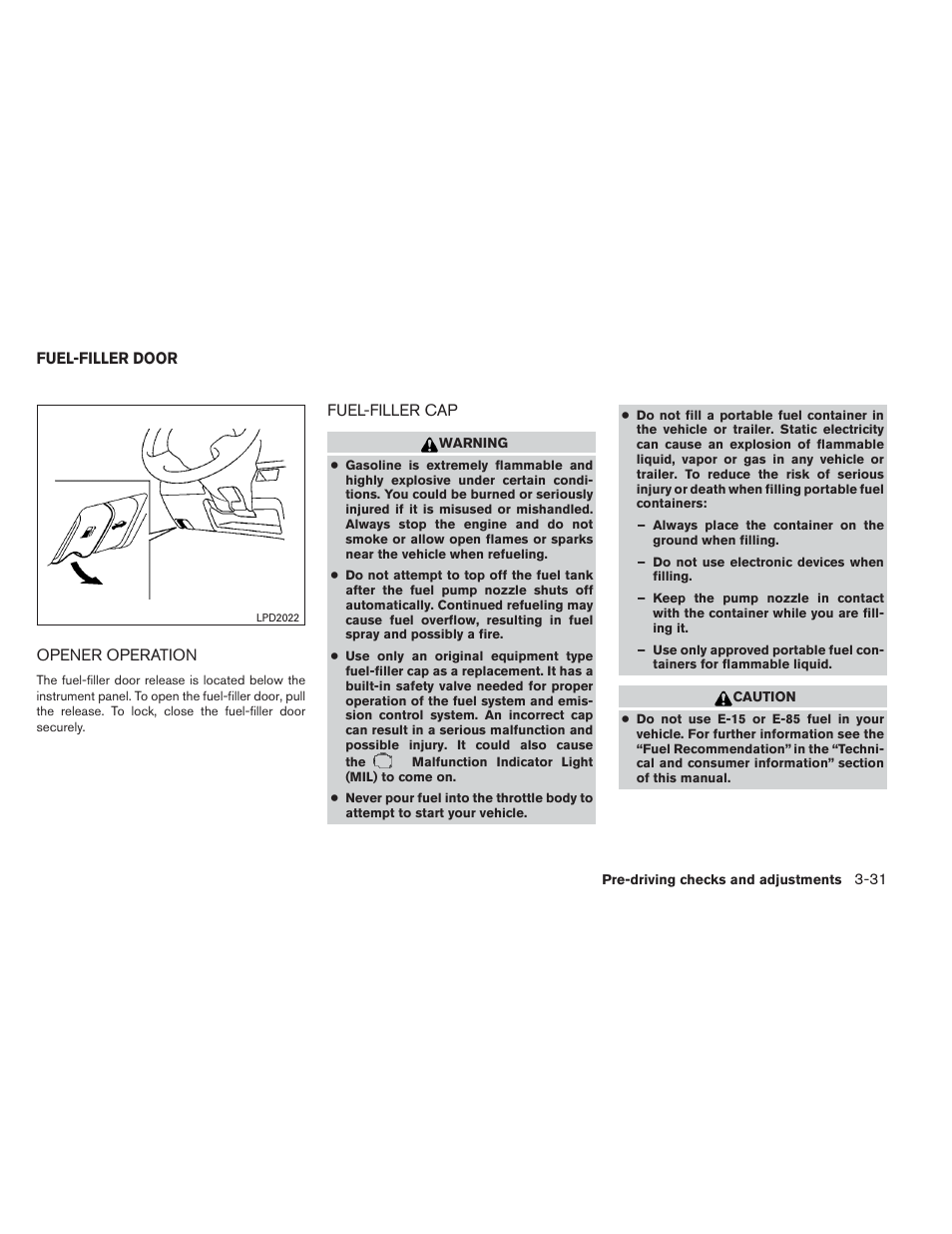 Fuel-filler door -31, Opener operation -31 fuel-filler cap -31 | NISSAN 2014 Altima Sedan - Owner's Manual User Manual | Page 162 / 428