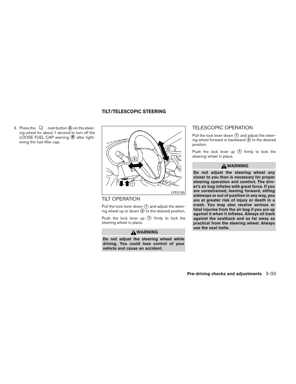 Tilt/telescopic steering -33, Tilt operation -33 telescopic operation -33 | NISSAN 2014 Altima Sedan - Owner's Manual User Manual | Page 164 / 428