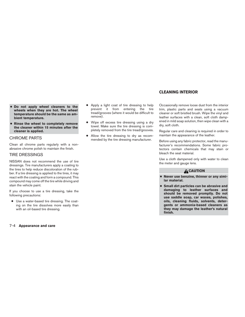 Chrome parts -4 tire dressings -4, Cleaning interior -4 | NISSAN 2014 Altima Sedan - Owner's Manual User Manual | Page 345 / 428