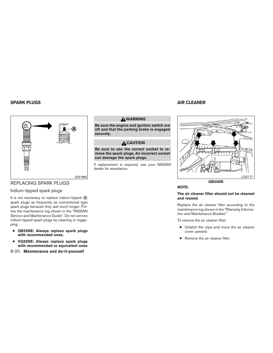 Spark plugs -20, Replacing spark plugs -20, Air cleaner -20 | NISSAN 2014 Altima Sedan - Owner's Manual User Manual | Page 369 / 428