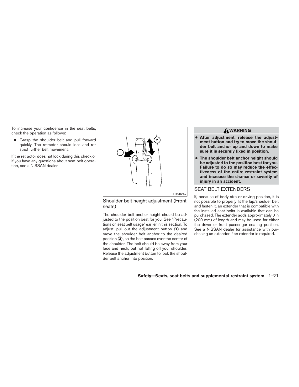 Seat belt extenders -21 | NISSAN 2014 Altima Sedan - Owner's Manual User Manual | Page 38 / 428