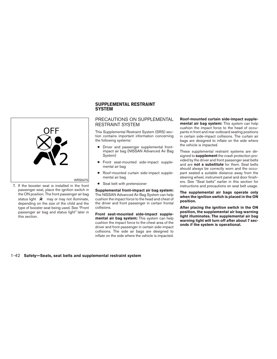 Supplemental restraint system -42, Precautions on supplemental restraint system -42 | NISSAN 2014 Altima Sedan - Owner's Manual User Manual | Page 59 / 428