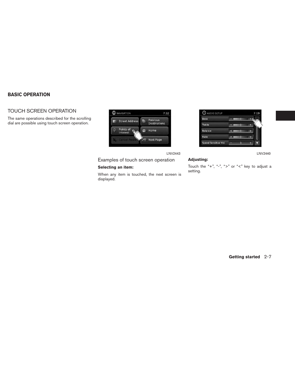 Basic operation -7, Touch screen operation -7 | NISSAN 2014 Xterra - Navigation System Owner's Manual User Manual | Page 15 / 80