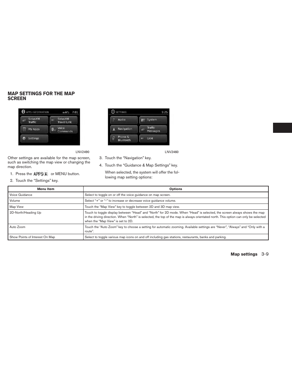 Map settings for the map screen -9, Map settings for the map screen | NISSAN 2014 Xterra - Navigation System Owner's Manual User Manual | Page 27 / 80