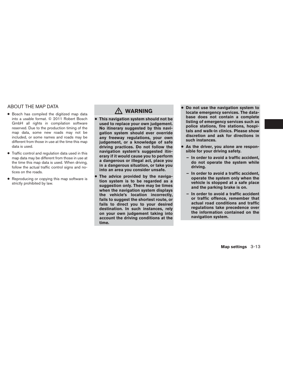 About the map data -13, Warning | NISSAN 2014 Xterra - Navigation System Owner's Manual User Manual | Page 31 / 80