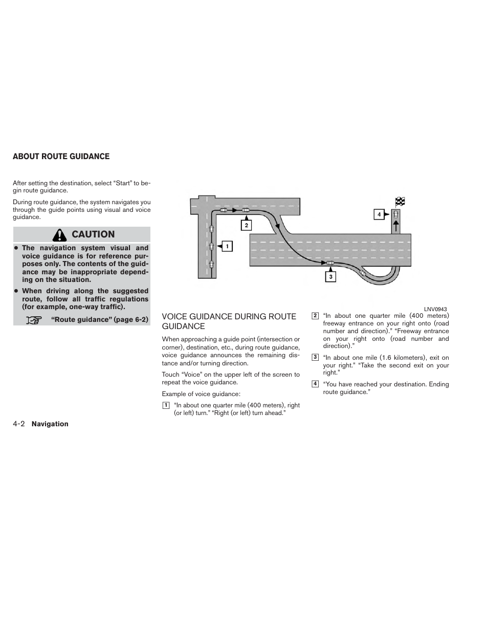 About route guidance -2, Voice guidance during route guidance -2, Caution | NISSAN 2014 Xterra - Navigation System Owner's Manual User Manual | Page 36 / 80