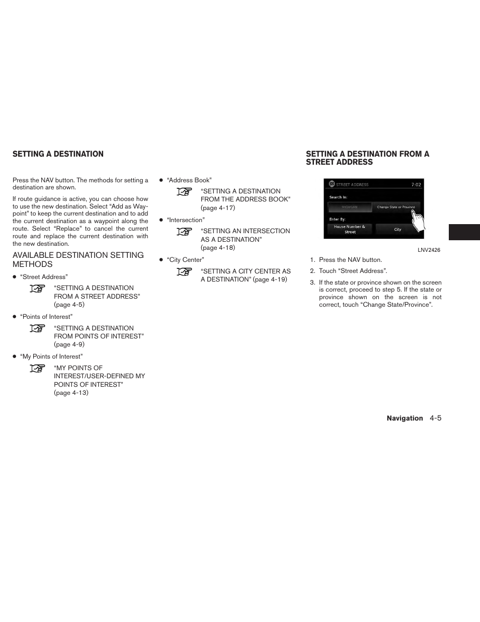 Setting a destination -5, Available destination setting methods -5, Setting a destination from a street address -5 | NISSAN 2014 Xterra - Navigation System Owner's Manual User Manual | Page 39 / 80