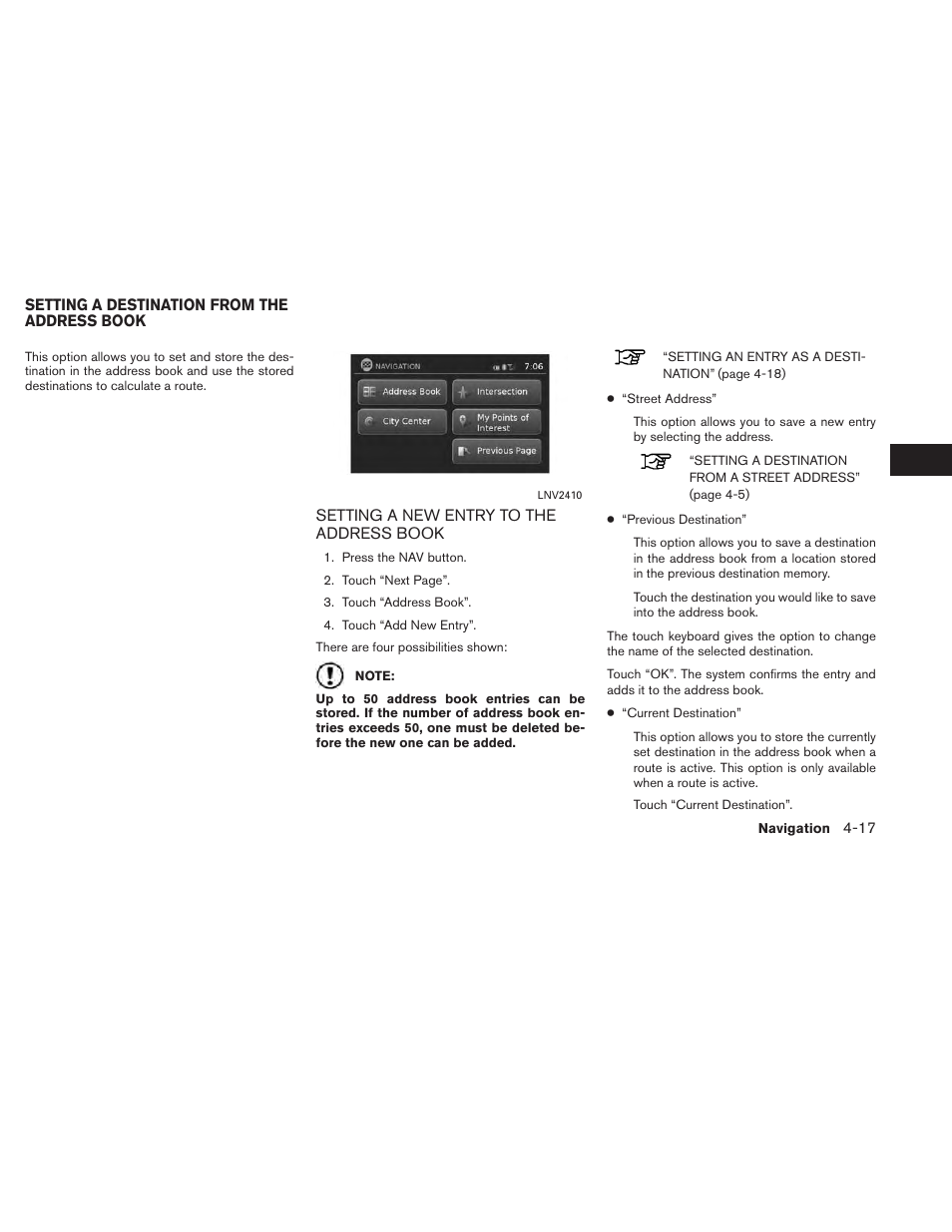 Setting a destination from the address book -17, Setting a new entry to the address book -17 | NISSAN 2014 Xterra - Navigation System Owner's Manual User Manual | Page 51 / 80