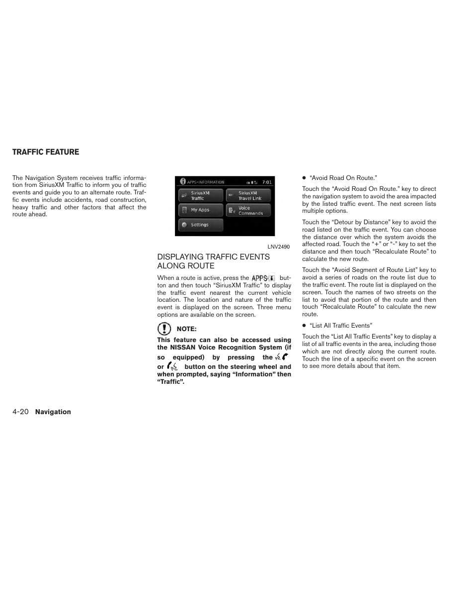 Traffic feature -20, Displaying traffic events along route -20 | NISSAN 2014 Xterra - Navigation System Owner's Manual User Manual | Page 54 / 80