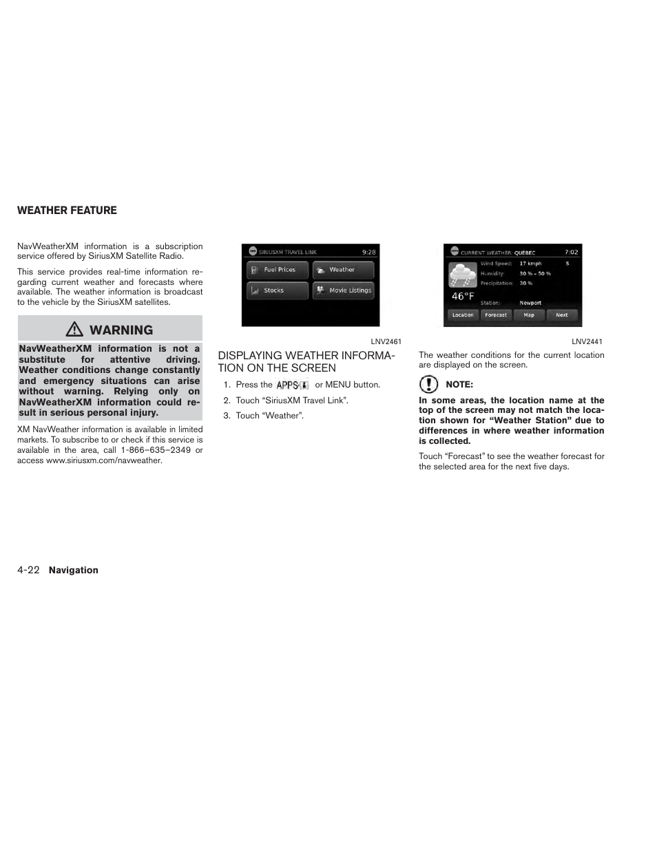Weather feature -22, Displaying weather information on the screen -22, Warning | NISSAN 2014 Xterra - Navigation System Owner's Manual User Manual | Page 56 / 80