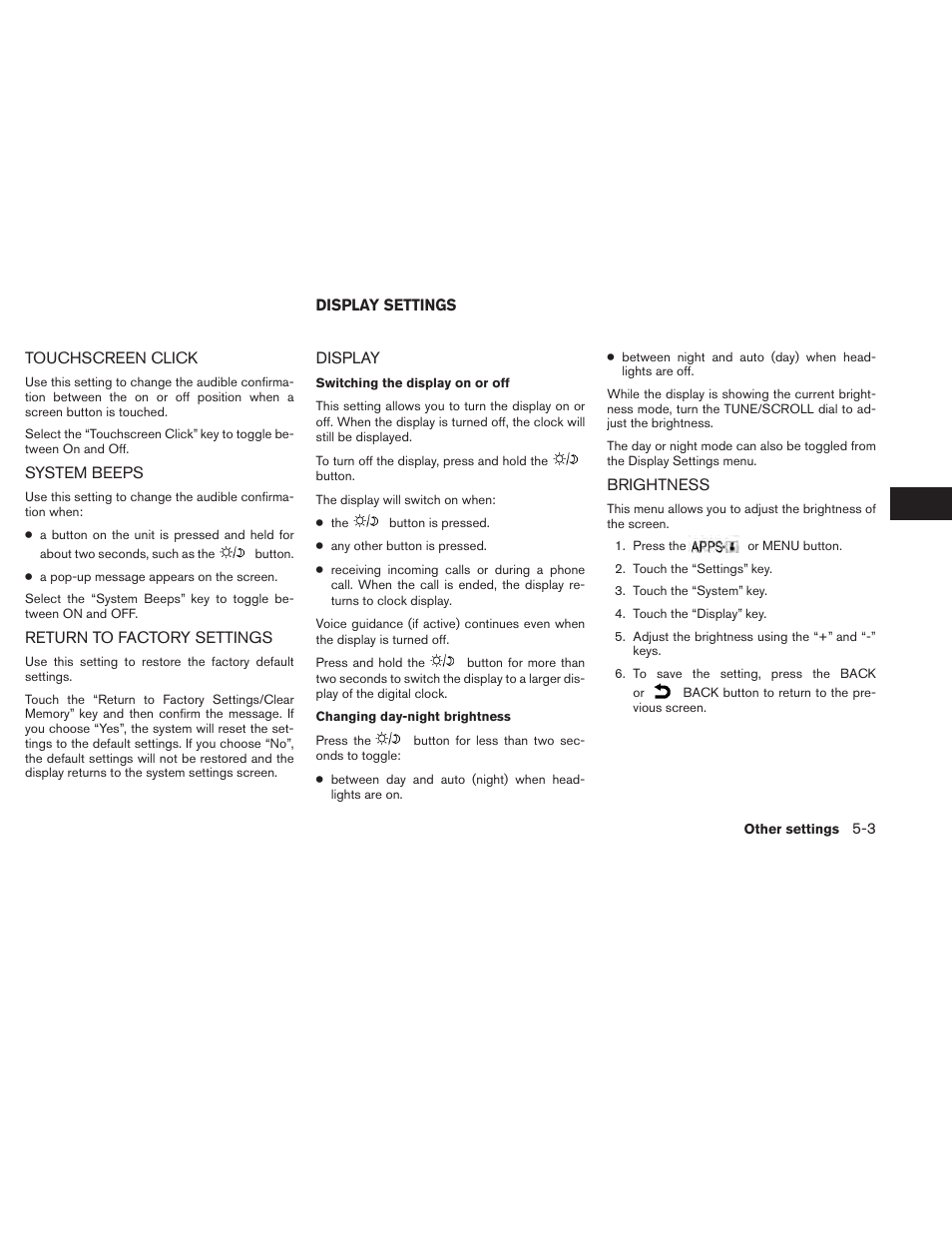 Display settings -3, Display -3, Brightness -3 | NISSAN 2014 Xterra - Navigation System Owner's Manual User Manual | Page 61 / 80