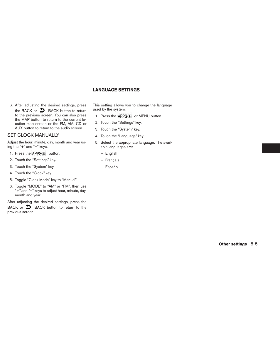 Set clock manually -5, Language settings -5 | NISSAN 2014 Xterra - Navigation System Owner's Manual User Manual | Page 63 / 80