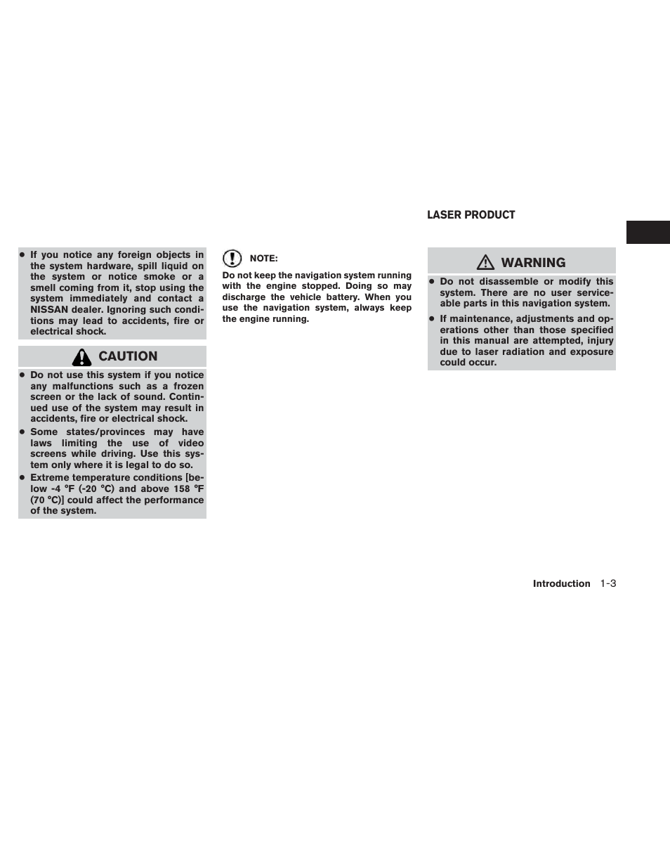 Laser product -3, Caution, Warning | NISSAN 2014 Xterra - Navigation System Owner's Manual User Manual | Page 7 / 80