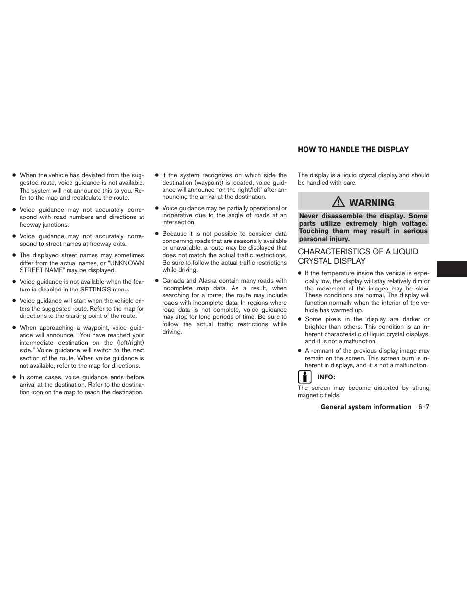 How to handle the display -7, Characteristics of a liquid crystal display -7, Warning | NISSAN 2014 Xterra - Navigation System Owner's Manual User Manual | Page 71 / 80