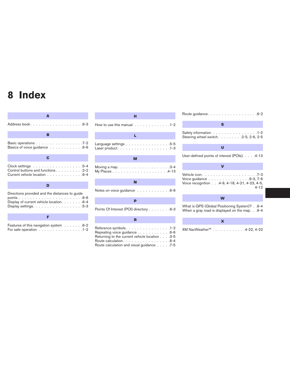 Index, 8 index | NISSAN 2014 Xterra - Navigation System Owner's Manual User Manual | Page 79 / 80