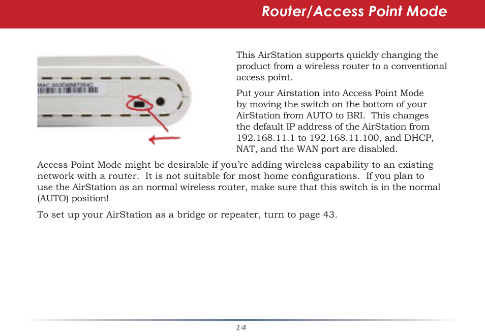 Router/access point mode | Buffalo Technology Buffalo AirStation WHR-G54S User Manual | Page 14 / 93