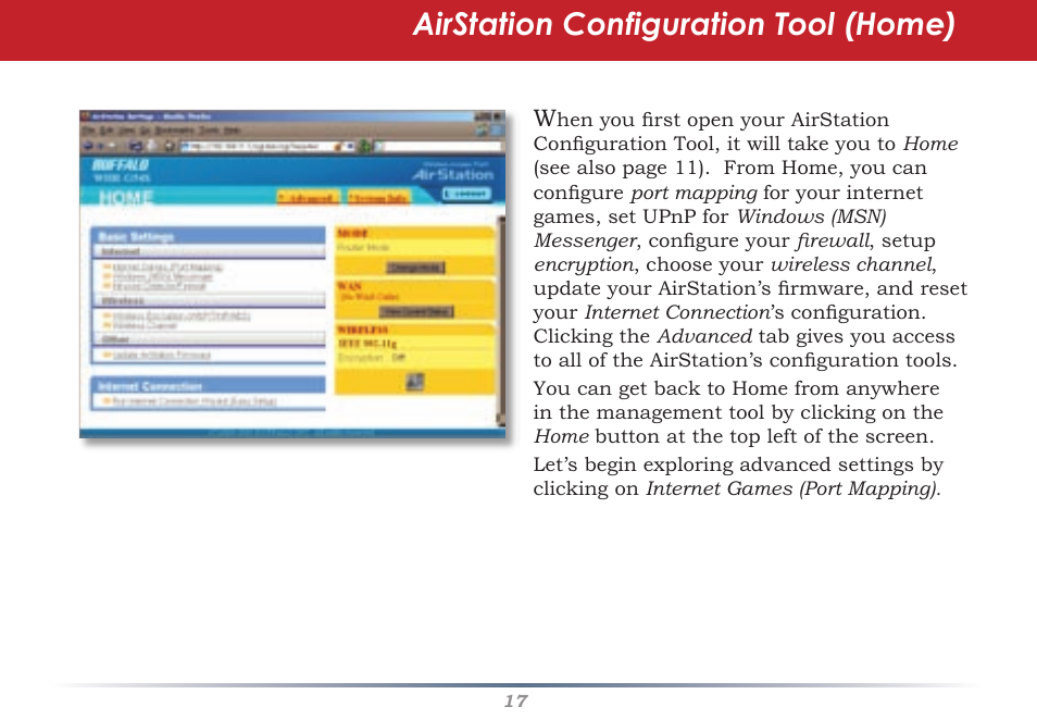 Airstation configuration tool (home) | Buffalo Technology Buffalo AirStation WHR-G54S User Manual | Page 17 / 93