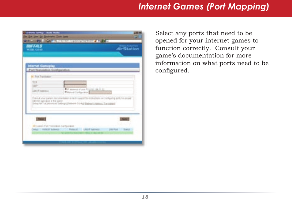 Internet games (port mapping) | Buffalo Technology Buffalo AirStation WHR-G54S User Manual | Page 18 / 93