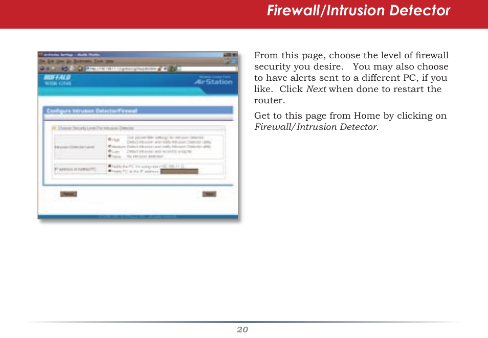 Firewall/intrusion detector | Buffalo Technology Buffalo AirStation WHR-G54S User Manual | Page 20 / 93